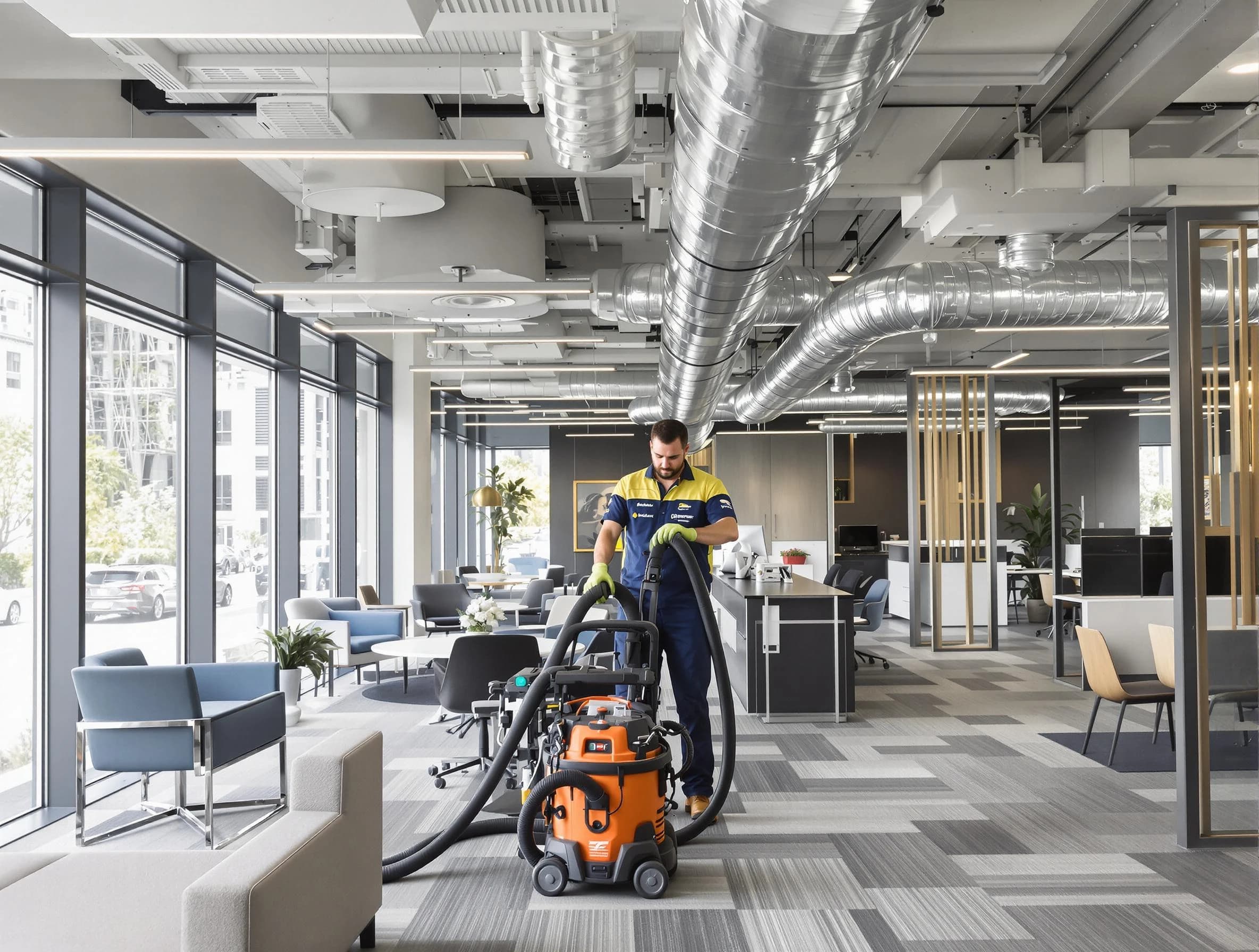 Los Chaves Air Duct Cleaning team performing thorough commercial duct cleaning at a Los Chaves business center