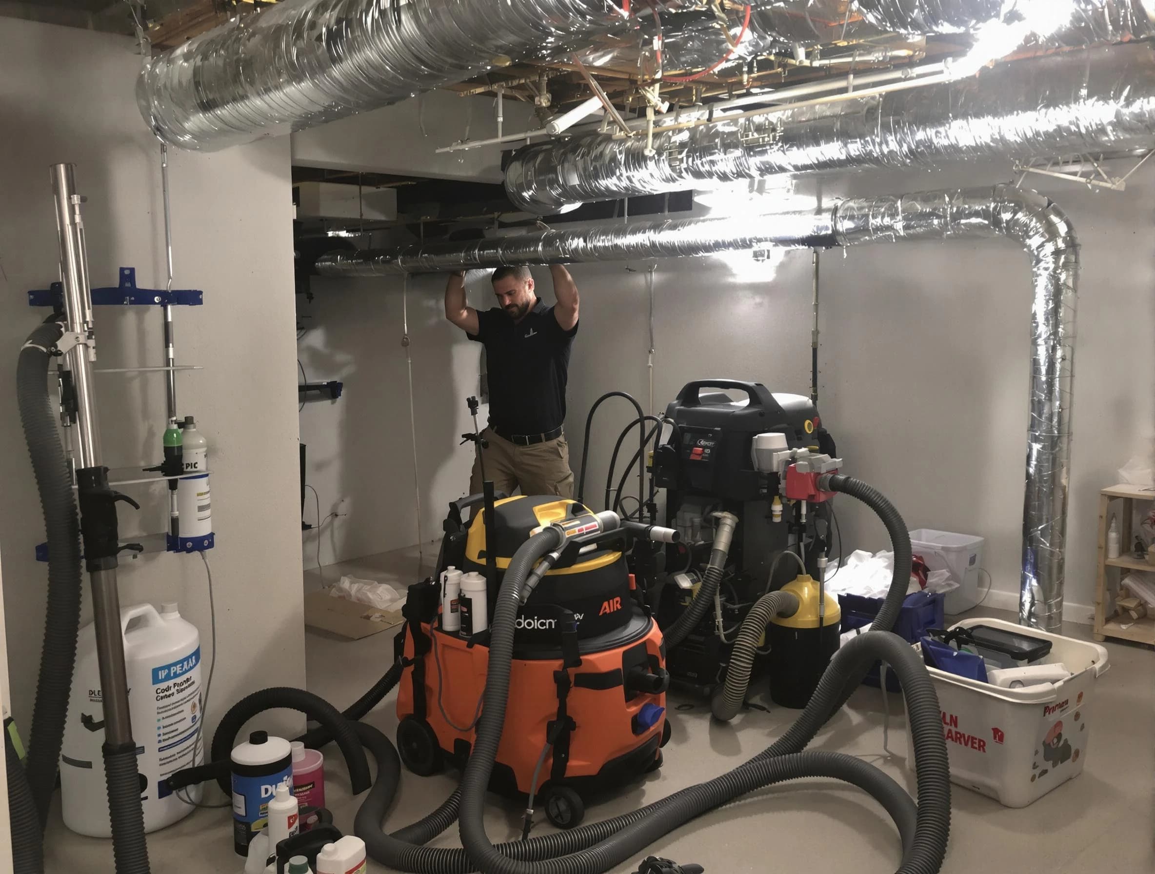 Los Chaves Air Duct Cleaning specialist performing professional mold removal from air ducts using safety equipment in Los Chaves
